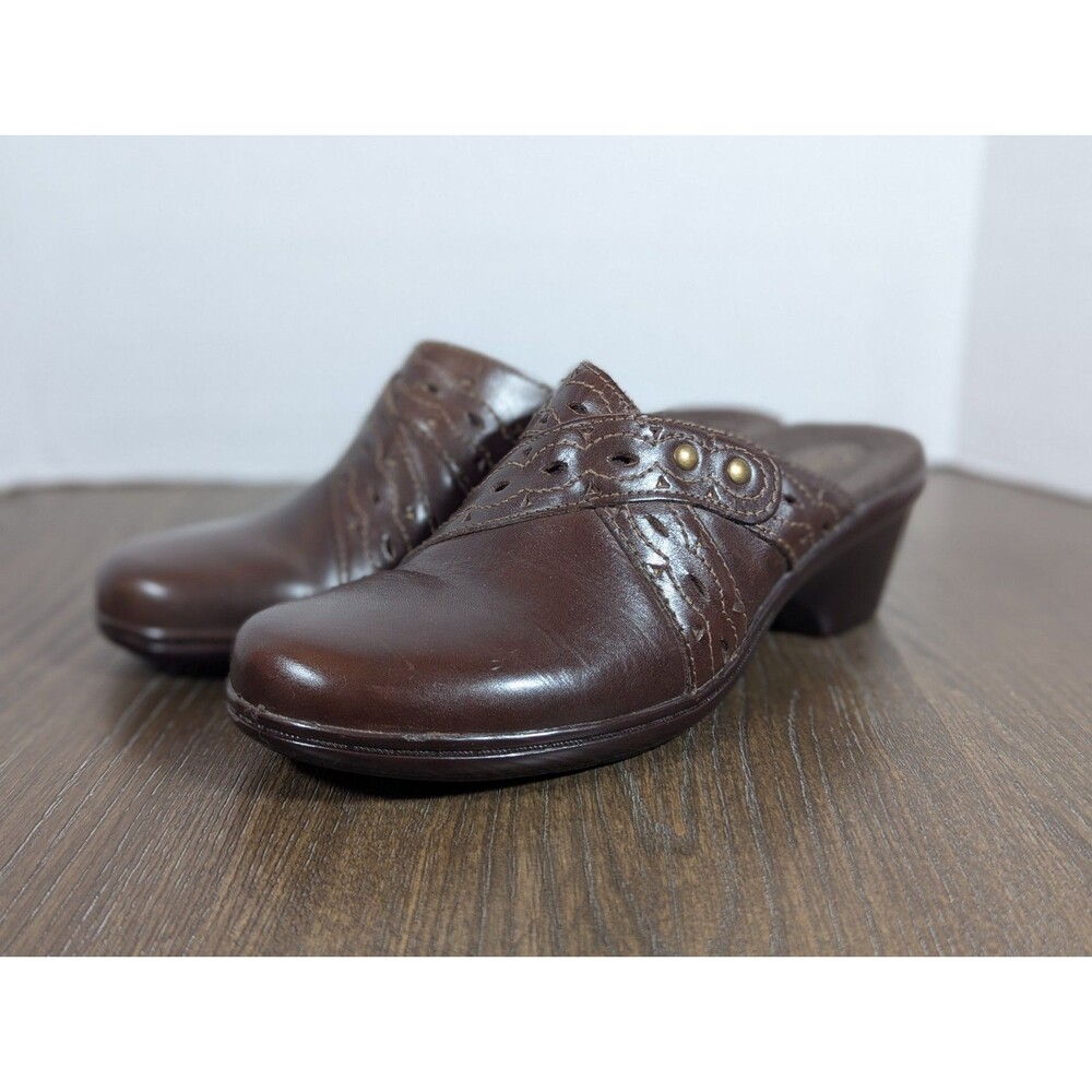 Clarks Leather Slip-on Mules Shoes Womens 7.5M Brown Western Stitching Studs